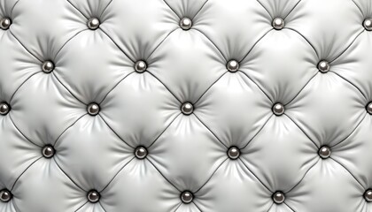 Fototapeta premium Close view of white tufted leather with silver buttons creating diamond pattern. Soft material surface with deep texture and stitching detail, suitable for luxury interiors or furniture.
