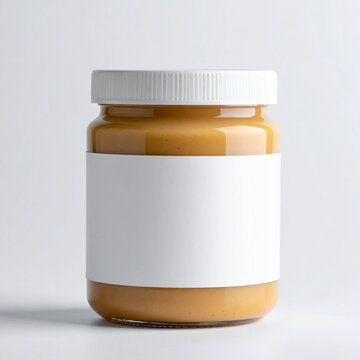 frasco de pasta de man&iacute; con etiqueta blanca, con fondo blanco e iluminaci&oacute;n de estudio, mockup ecommerce
