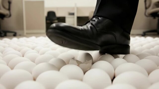 Mans foot in black dress shoe steps on and cracks egg on office floor, walking on eggshells metaphor for delicate situation.
