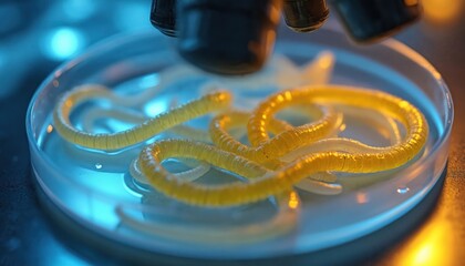 Naklejka na ściany i meble Microscopic view parasitic worms in petri dish. Lab equipment present science, biology research. Medical infection study. Helminth analysis. Parasitology investigation. Worm study. Disease study.