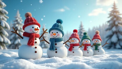 Fototapeta premium Cheerful snowmen stand in a snowy forest during daylight. They wear knitted hats and scarves, smiling joyfully. Winter wonderland scene with fir trees and falling snow.