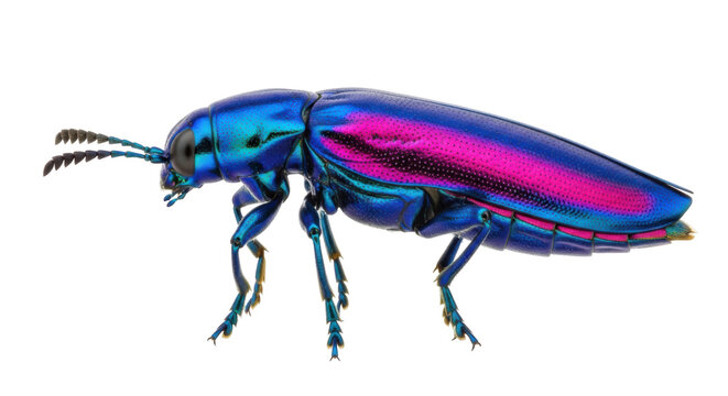 Jewel beetle isolated PNG on transparent background, iridescent insect with vibrant blue and pink colors, detailed macro shot, entomology specimen