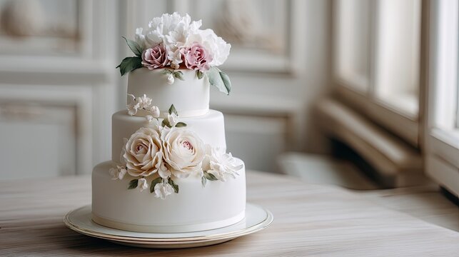 Multi-tiered white wedding cake with pink roses stands on a table in an elegant hall with floral decorations and soft light