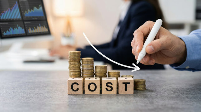 Focused businessman shows cost reduction and finance saving concept. hand drawing downward arrow over money budget decrease in business economy for management