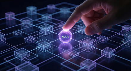 A finger pressing a glowing Node icon within a complex 3D geometric web of financial connection