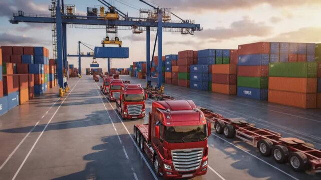 Several red transport trucks wait to load at a busy port, near stacks of shipping containers
