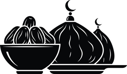 Ramadan moon and bowl of dates with mosque domes silhouette representing muslim fasting season traditions and food © Emongrapic