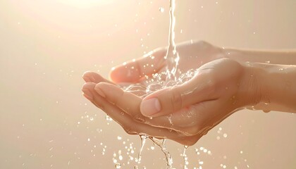 Fototapeta premium Golden Hour Hand Washing Refreshing Water Flowing Over Cupped Palms, Symbolizing Purity, Hydration, and Gentle Care in a Soothing, Luminous Setting