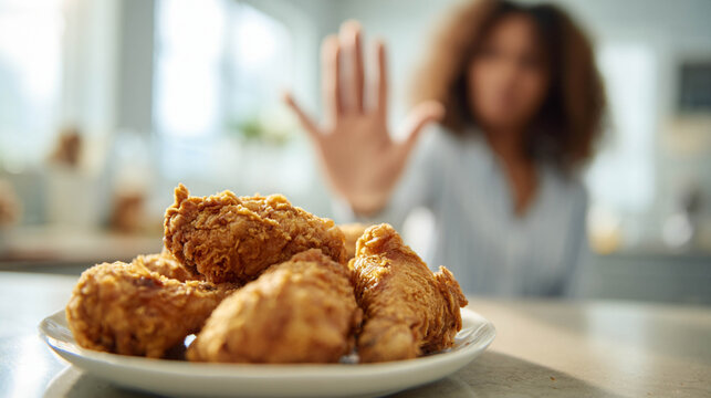 Avoiding fried food. Plate of fried chicken drumsticks as main subject, woman in background blurred raising hand in refusal gesture.
