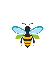 Simplified bee illustration; blue and green wings, black head/thorax, striped body, isolated on a white background