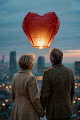 Senior man and woman holding hands under glowing red heart lantern at sunset city skyline. Concept of lasting love, mature relationship, lifelong commitment, and romantic retirement lifestyle