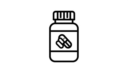 Simplified black line art of a medicine bottle with pills on the label, on a white background