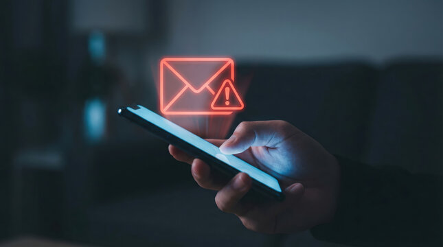 Person receiving spam email phishing scam alert. serious warning icon for security threat and cybercrime on smartphone screen creates sense of caution and concern