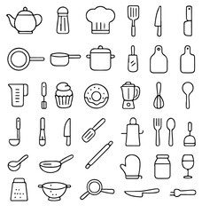 Simple Kitchen Utensil Line Icons &ndash; Minimal Cooking Tools Vector Set