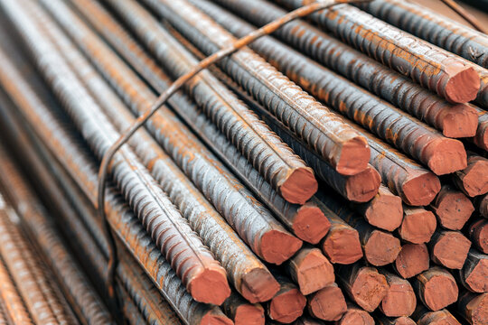 Stacked reinforcement bars at a construction site