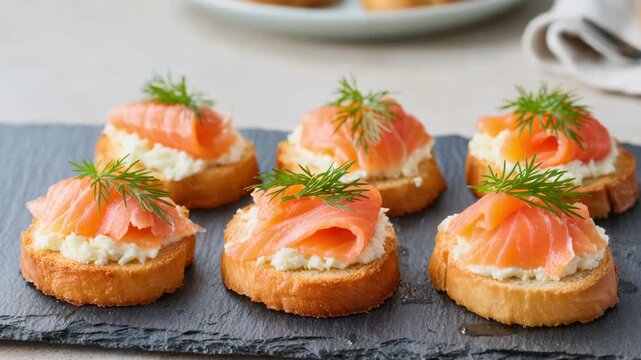 Delicious bite-sized canapes with smoked salmon, cream cheese and fresh dill on crispy toasted bread. Concept of elegant gourmet appetizer and seafood snack food presentation.