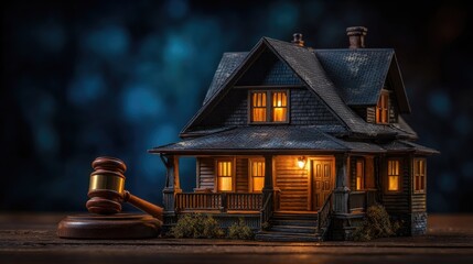 Miniature residential building rests beside a wooden legal gavel against a dark, softly lit background