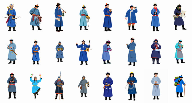 Set of 24 Mongolian Historical Figures and Occupations in Traditional Deel Clothing: Warrior, Shaman, Nomad, Traveler, and Musician.