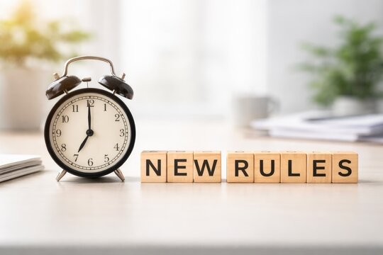 Alarm clock and wooden blocks with new rules text business regulation concept