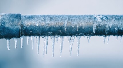 Long row of icicles hanging from metal pipe extreme winter frost
