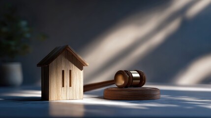 Wooden miniature house object stands beside a polished judicial gavel resting on its sounding block