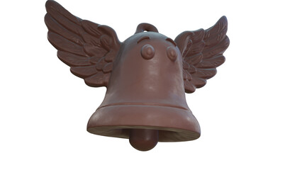 Chocolate Easter winged bell on transparent background, three-quarter view. 3D rendering.