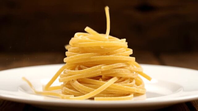 A plate of spaghetti video showcasing a culinary delight on a white plate on a wooden table