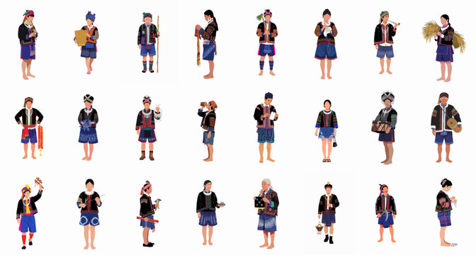 Diverse Southeast Asian Indigenous People Collection: Set of Men and Women in Traditional Attire Performing Daily and Cultural Activities