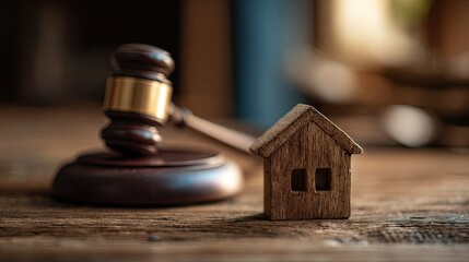 Wooden gavel rests near a miniature house model on a rustic surface representing legal proceedings involving property
