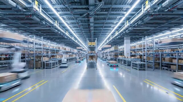 Moving autonomous carts delivering packages in a large modern warehouse