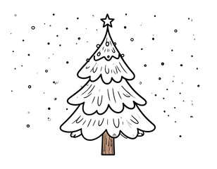 Simplistic line-art of a snow-covered Christmas tree, topped with a star, surrounded by delicate dots of snow