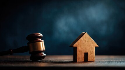 Wooden miniature house sits near a dark wooden gavel with a brass band on a textured surface against a moody background