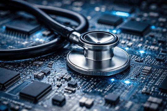 Stethoscope on Circuit Board Representing Digital Healthcare Technology