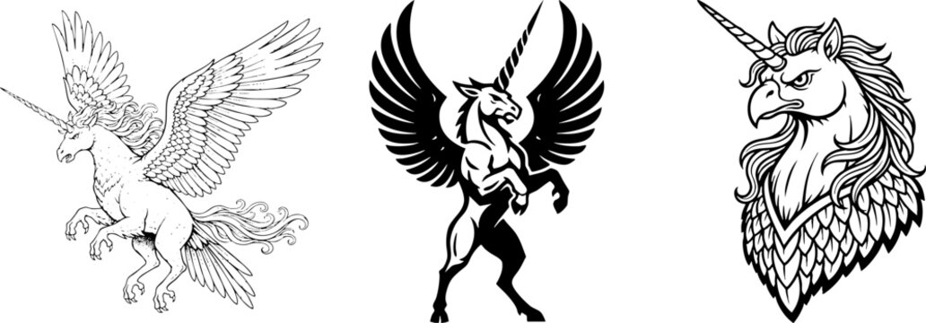 Vector set of winged unicorn fantasy creatures illustration.