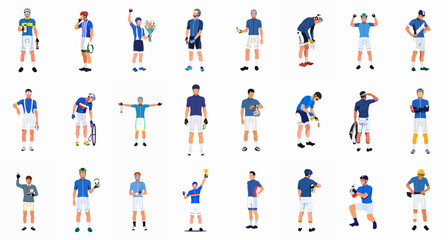 Diverse set of male road cyclists and bike racers performing various actions: celebrating victories, training, resting, preparing equipment, and navigating routes. © Sabiqul