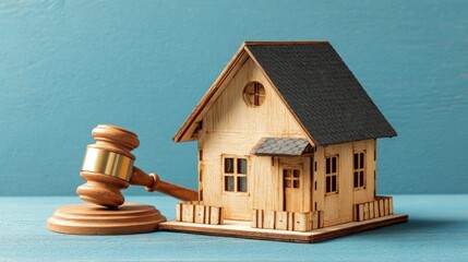 Wooden miniature dwelling rests beside a wooden gavel on a bright blue surface