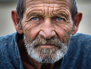 Powerful closeup portrait of an old man with strikingly bright blue eyes, weathered face with deep wrinkles full of life experience