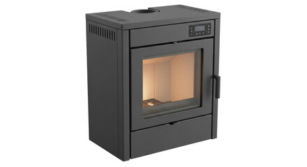 Fototapeta premium Modern black pellet stove isolated PNG, contemporary heating appliance for home interior design and sustainable energy solutions