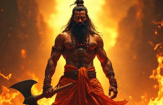 Mighty Parashurama poses with battle axe. Fierce divine warrior stands against fiery orange sky. Hindu sage holds weapon, ready for combat. Powerful avatar embodies wrath and justice in epic scene.