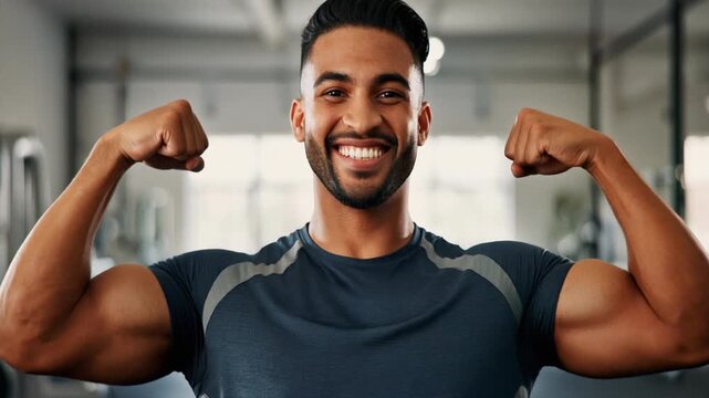 A fit individual flexing their muscles confidently in a gym setting, showcasing their physical strength and health