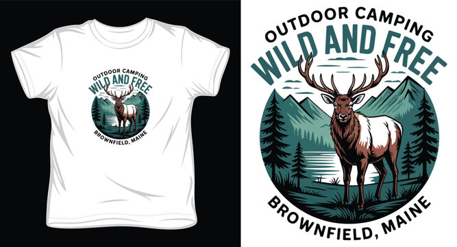 Outdoor camping t-shirt design featuring majestic elk and mountains in Brownfield Maine