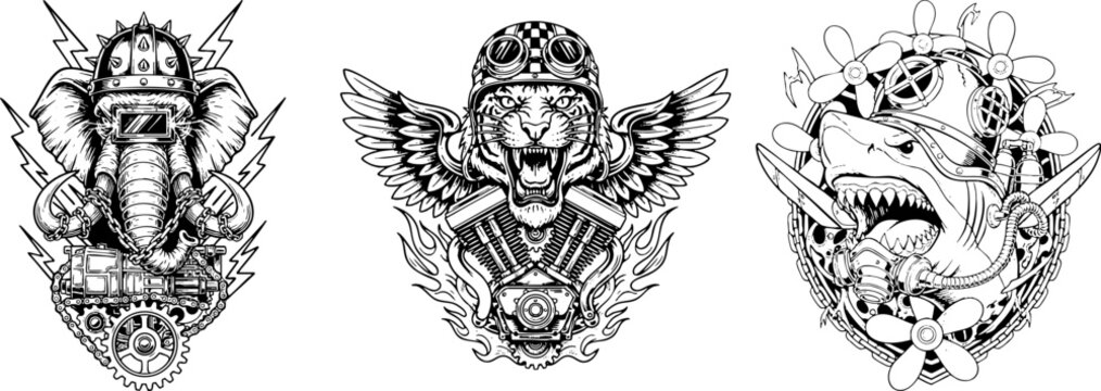 Steampunk Mechanical Animal Emblem Set Vector Illustration