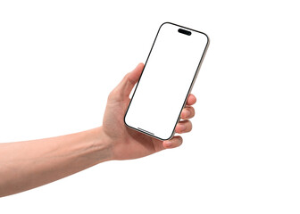 Hand showing smartphone mockup with transparent screen isolated on transparent background. Mobile phone with empty display for copy space.
