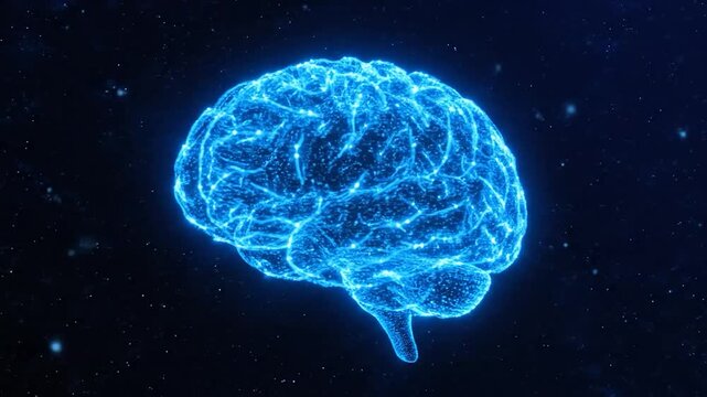 Digital rendering of a glowing, blue human brain set against a dark, starry background