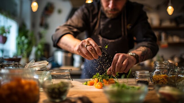 Chef Preparing Fresh Ingredients in Kitchen.