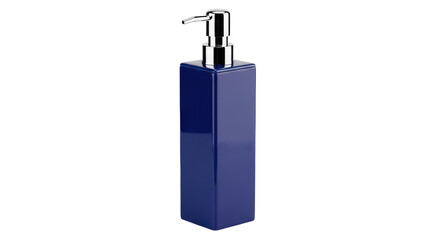 Obraz premium Elegant navy blue square soap dispenser isolated PNG on transparent background, modern bathroom accessory for hygiene and personal care