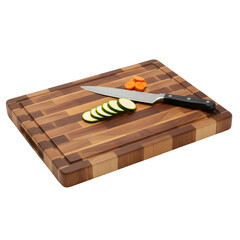 A thick wooden cutting board with a checkered pattern features a sharp chef's knife and fresh sliced vegetables including green zucchini and orange carrots on a clean white background.