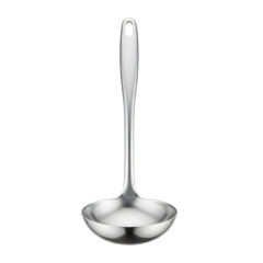 Professional stainless steel ladle for serving soup and sauces, featuring a sleek silver finish and ergonomic handle with hanging hole, isolated on a white background for modern kitchen use.