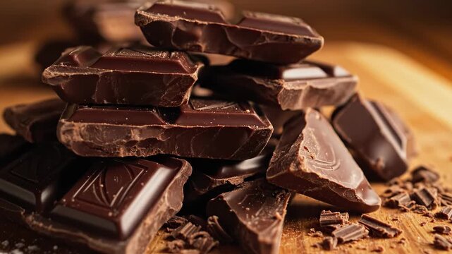 Chocolate pieces on wooden table with sugar and crumbs