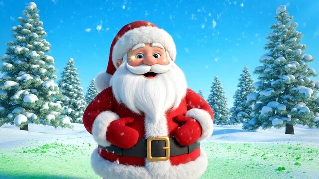 Animated Santa Claus in snowy landscape with pine trees, festive holiday scene for Christmas greeting card or banner